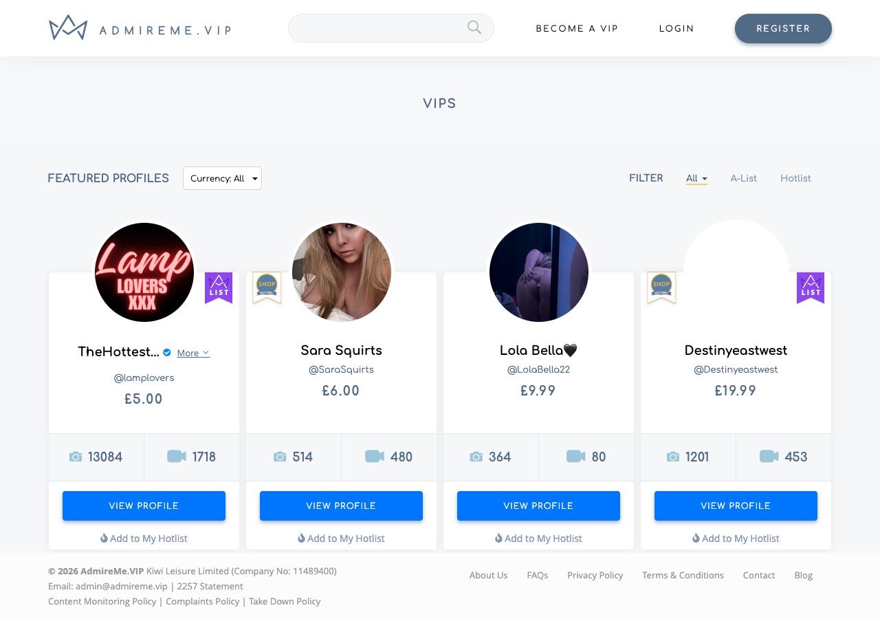 AdmireMe.VIP VIPs browse page with category filters, A-List and search for finding creators