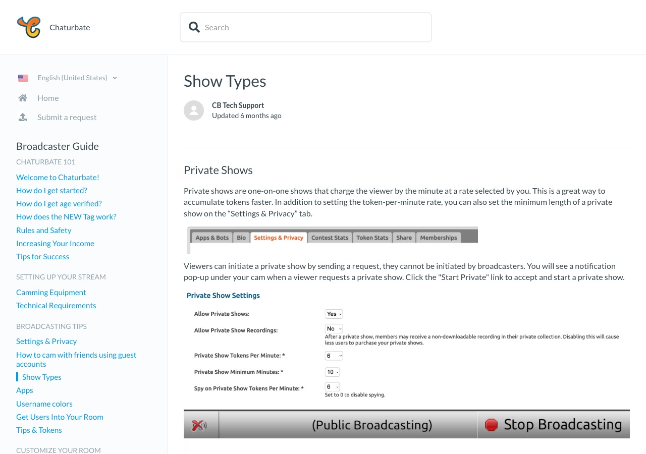 Chaturbate support Show Types article covering private and premium private shows