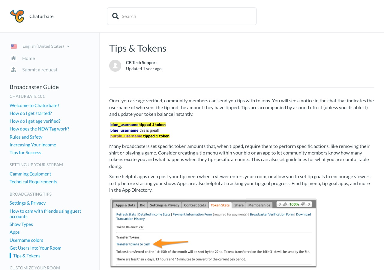 Chaturbate support article Tips and Tokens explaining tip credit and tip menus