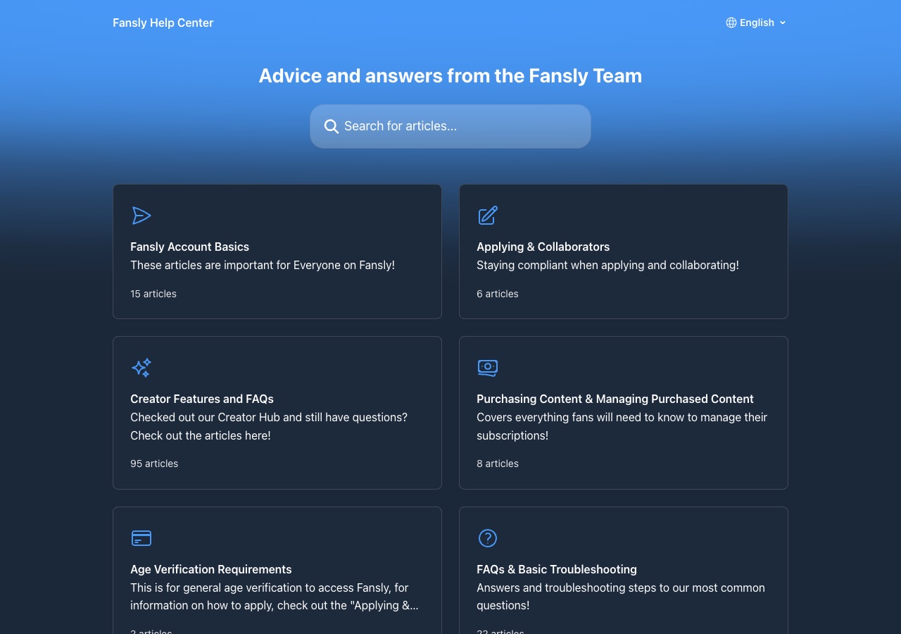 Fansly Help Center landing page with search and article category tiles