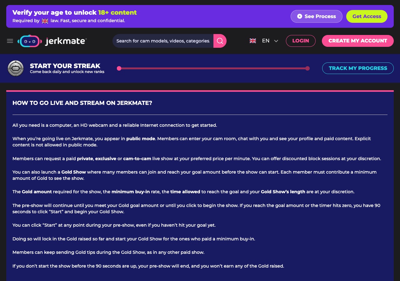 Jerkmate FAQ on going live covering public, private, cam-to-cam and Gold Show modes