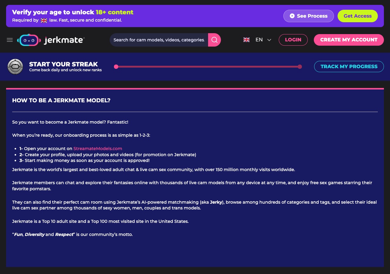 Jerkmate FAQ page How to be a Jerkmate model explaining the Streamate account path