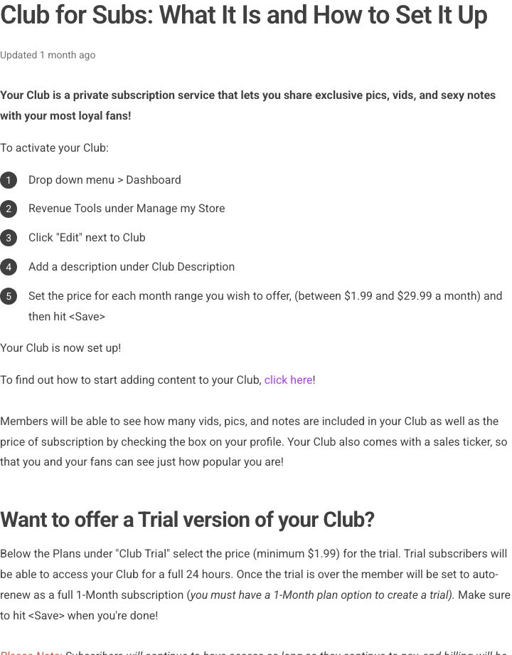 ManyVids Help Center article Club for Subs explaining the private subscription setup steps and $1.99 to $29.99 monthly price range
